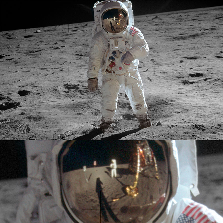 Aldrin na superfície lunar; o reflexo de Armstrong pode ser visto no visor