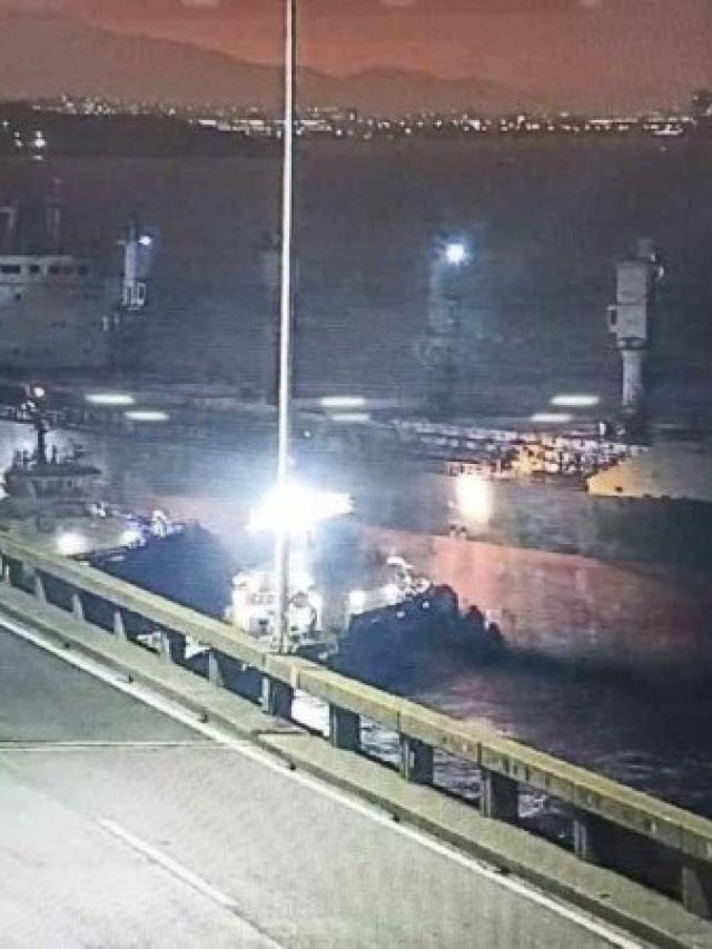 Navio bate na ponte Rio Niterói; via é liberada parcialmente