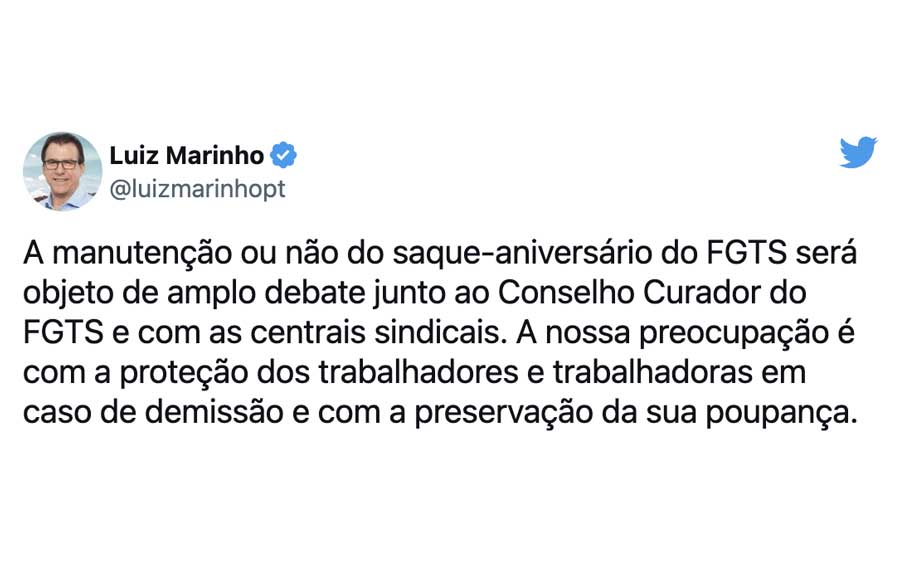 Publicação de Luiz Marinho no Twitter