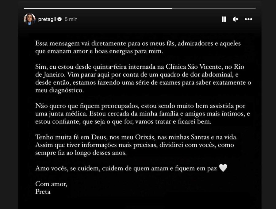 Preta Gil fala sobre seu estado de saúde pelo Instagram