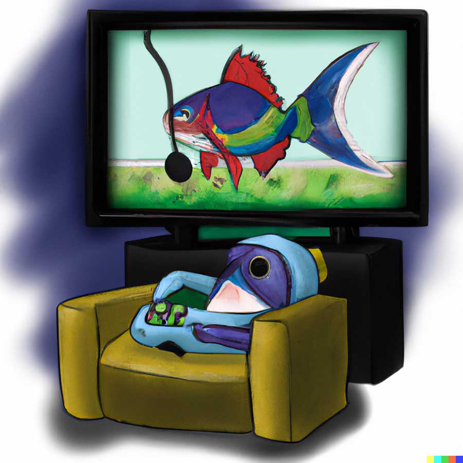 peixe colorido jogando video game criado no DALL-E