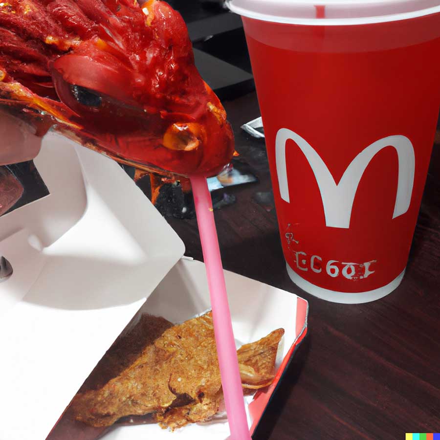 foto de um dragão vermelho comendo no mcdonald's no Dall-E