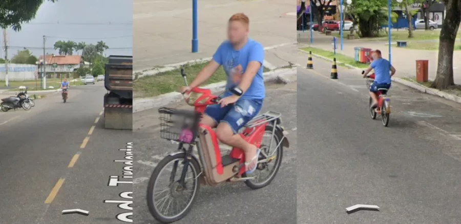 Homem do Pará segue carro do Google em sua bicicleta elétrica e é registrado em várias ruas no Google Street View.