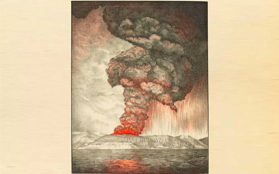 Uma litogravura de 1888 da erupção de 1883 do Krakatoa.