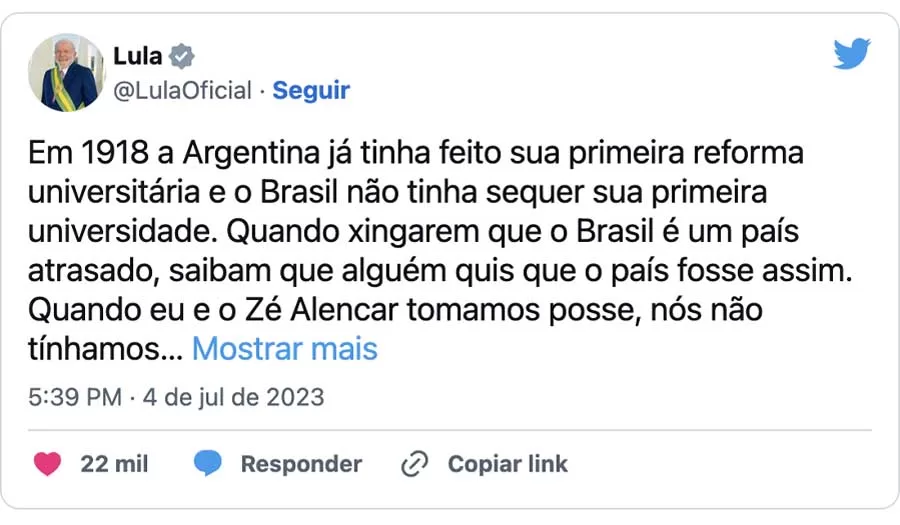 A resposta de Lula foi no Twitter