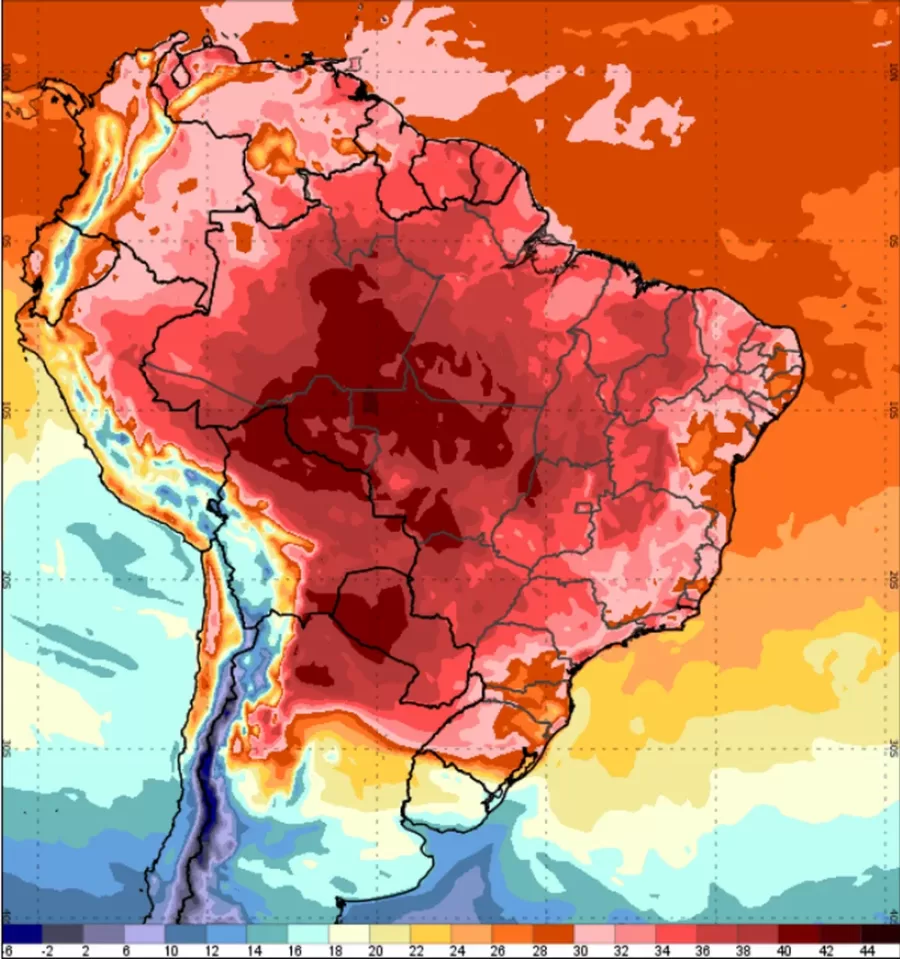 Previsão de temperatura máxima para o dia 22 de agosto de 2023, às 15h. — Foto: Reprodução/INMET
