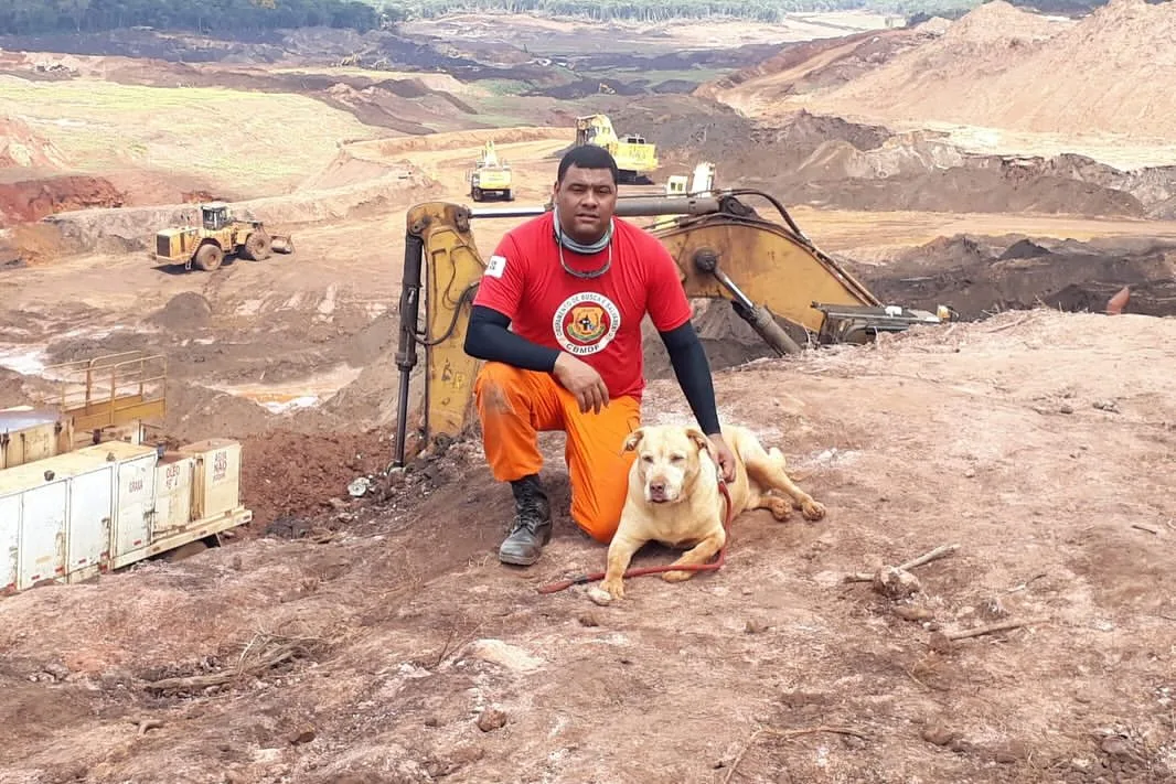 Thor atuou nas buscas em Brumadinho ao lado dos bombeiros, farejando vítimas entre a lama e os escombros logo após o rompimento da barragem da Vale, em uma missão de alto risco e precisão.