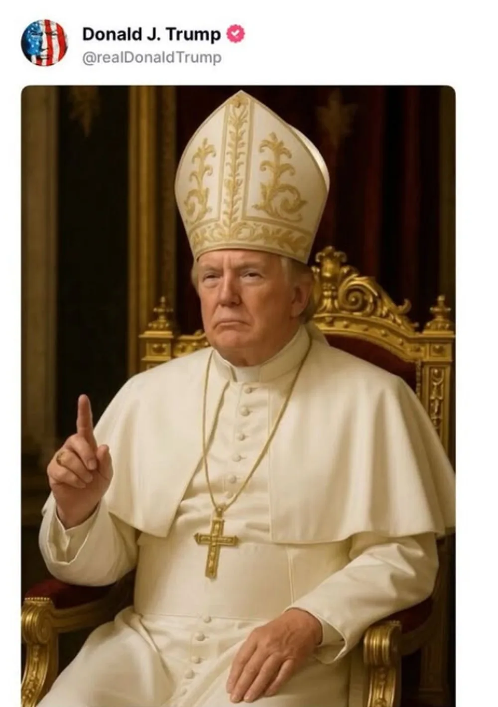 Donald Trump divulgou imagem sua com vestes de papa nas redes sociais, poucos dias após a morte de Francisco. A imagem gerada por IA repercutiu negativamente - Foto: reprodução / @realdonaldtrump