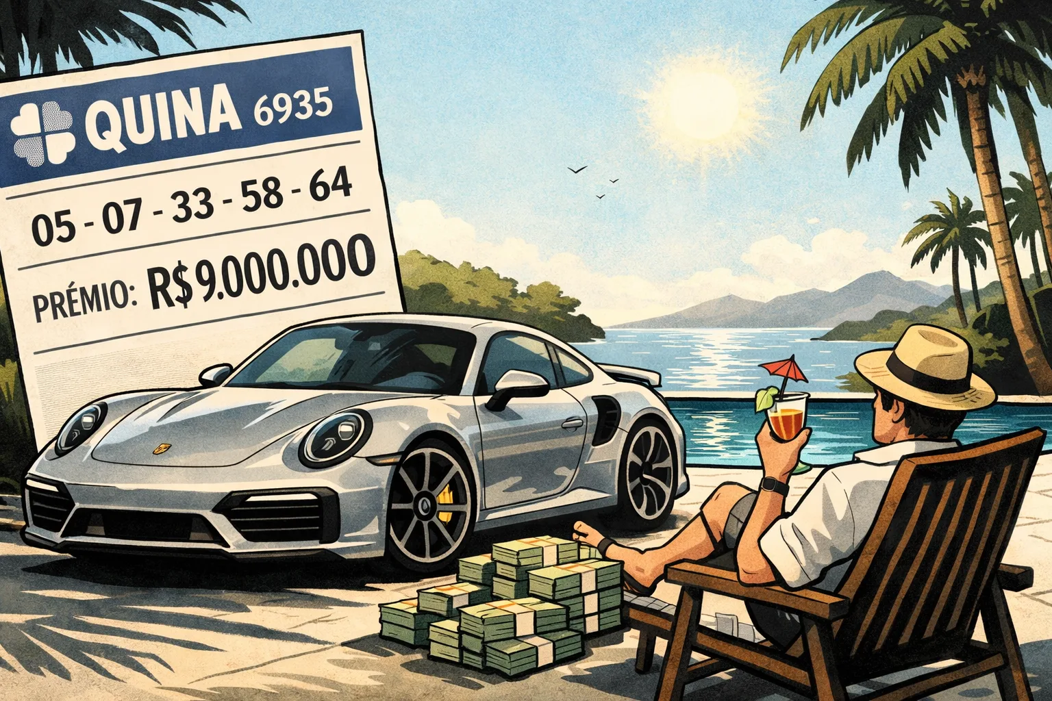 Quina 6935 acumulou, prêmio foi a R$ 9 milhões, números 05, 07, 33, 58 e 64, próximo sorteio hoje às 21h e valor já compra um Porsche 911 Turbo S sem financiamento.