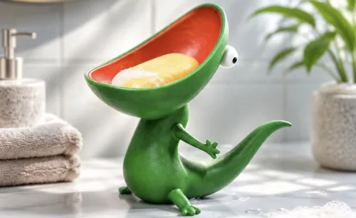 Saboneteira de lagarto é o que se chama de decoração criativa, a peça combina drenagem, organização e decoração em uma peça de resina para banheiro, entrada ou escritório