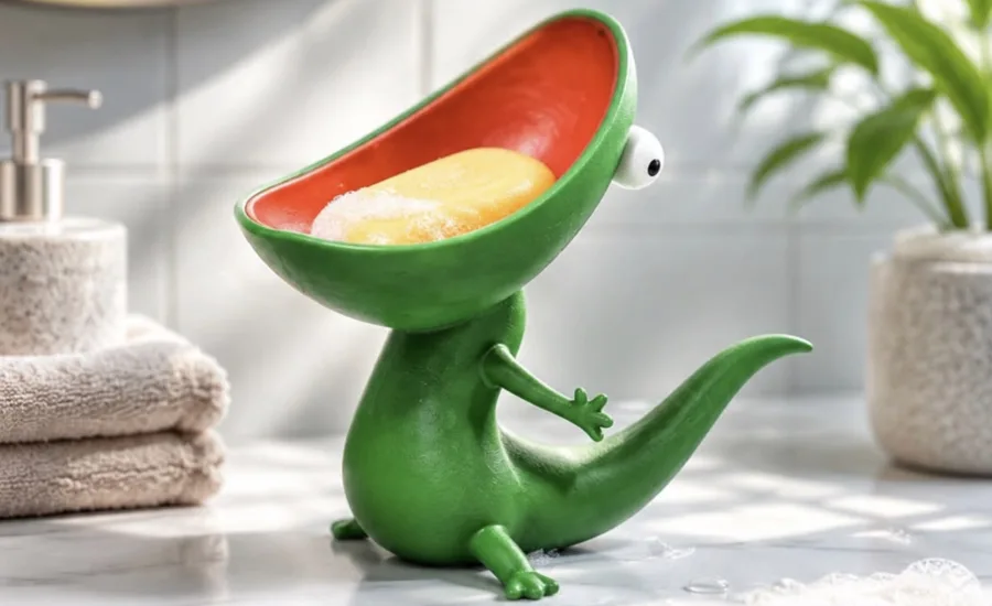 Saboneteira de lagarto é o que se chama de decoração criativa, a peça combina drenagem, organização e decoração em uma peça de resina para banheiro, entrada ou escritório